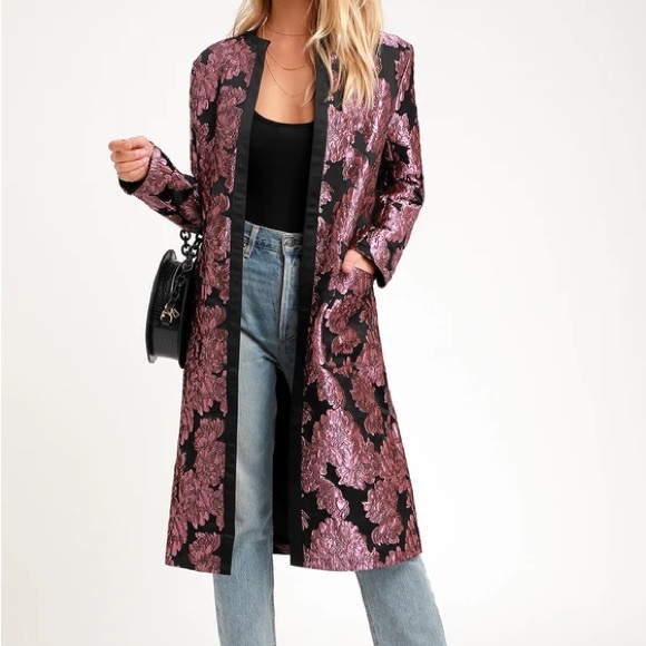 Lulus Mayia Black & Purple Jacquard Floral Print Long Jacket - Picture 2 of 7